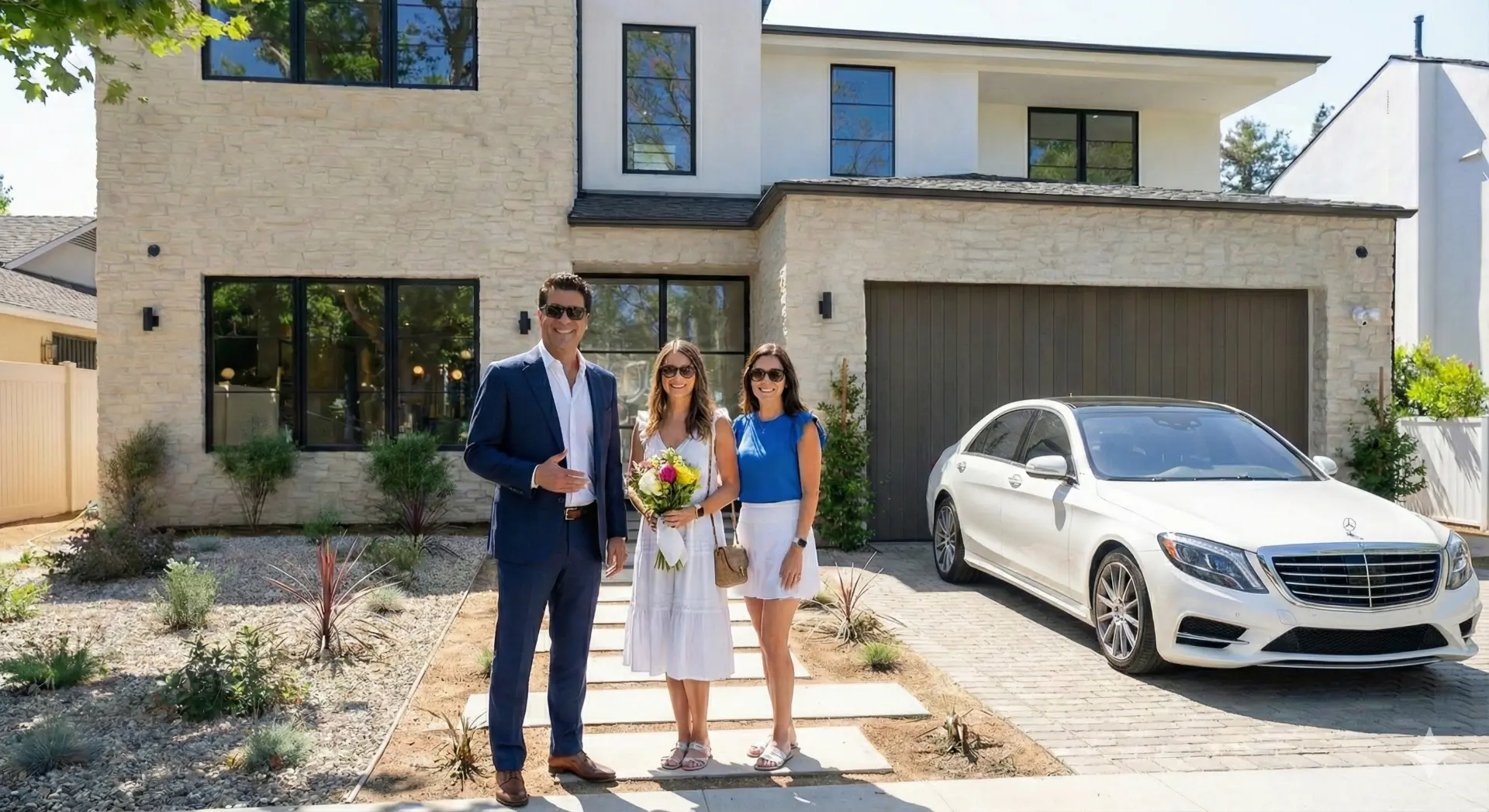 Rick Ojeda with clients in front of a newly completed Los Angeles home